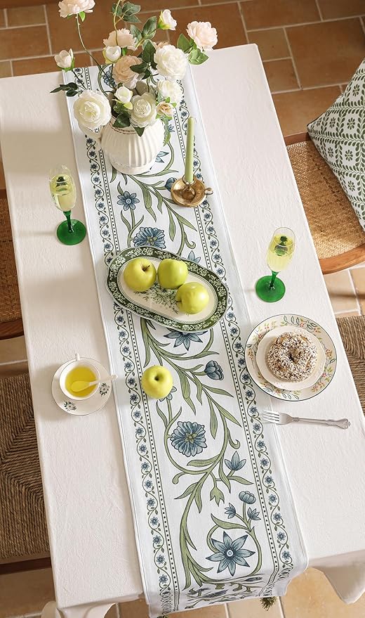 ISAENNE Designer Elegant Linen Table Runner 102 Inches Long,Vintage Blue Floral Pattern Decor Table Runners for Dining Tables,Kitchen Tables,Thanksgiving,Christmas,Banquet,12"*102"-Mosella E