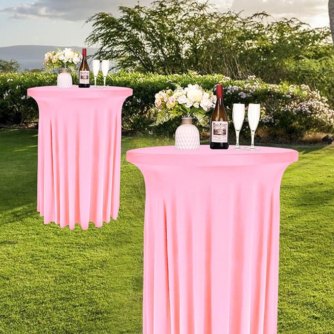 6 Pack Round Cocktail Tablecloth 32"x 43" Spandex Cocktail Table Skirt, Washable Stretch Fitted Table Covers for High Top Bar, Wedding, Party, Events (Pink)
