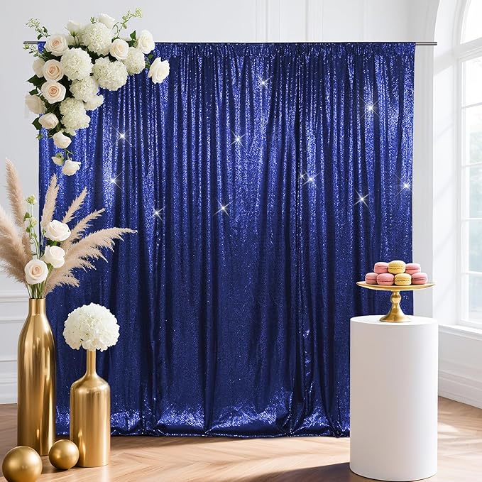 SquarePie Sequin Backdrop Less Transparent Background Sparkly Curtain for Wedding Party 4FT x 7FT Navy Blue