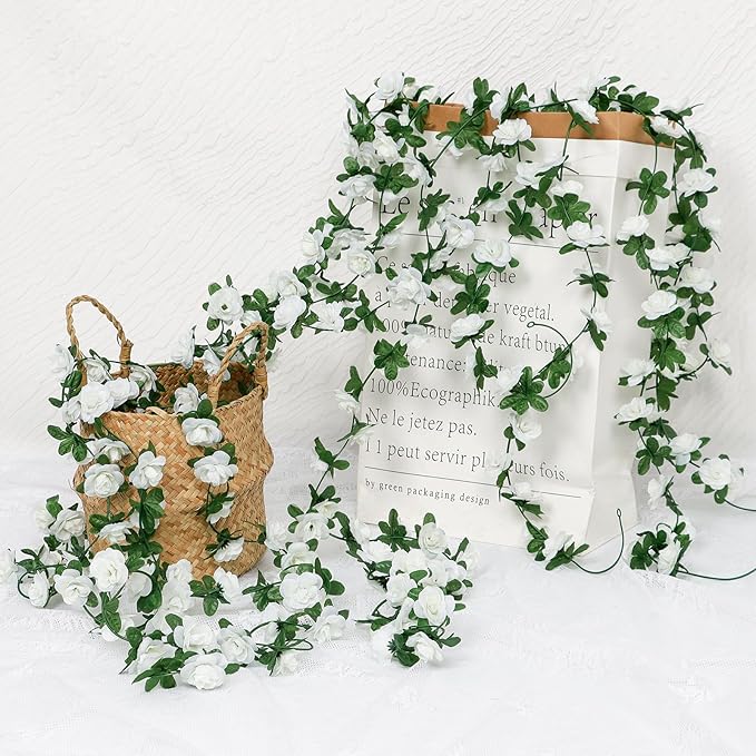 KHOYIME 18 Pack 144 FT Artificial Flower Garland, Fake White Roses Vines Silk Flowers Faux Plastic Outdoor Hanging Floral Ivy Garland Decoration for Wedding Arch Bedroom Home Wall Backdrop Room Decor