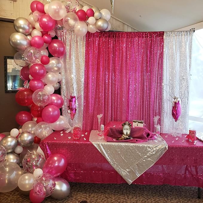 JYFLZQ Hot Pink Sequin Backdrop Curtain 2x8ft 2 Panel Fuchsia Glitter Photo Booth Photography Backdrop Background for Parties Shimmer Wall Backdrop Wedding Backdrop Decorations
