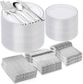 600PCS Silver Plastic Plate Set (100 Guests), Disposable Plates for Party Wedding Birthday, Dinnerware Set of 200 Plastic Plates, 200 Forks, 100 Spoons, 100 Knives for Christmas