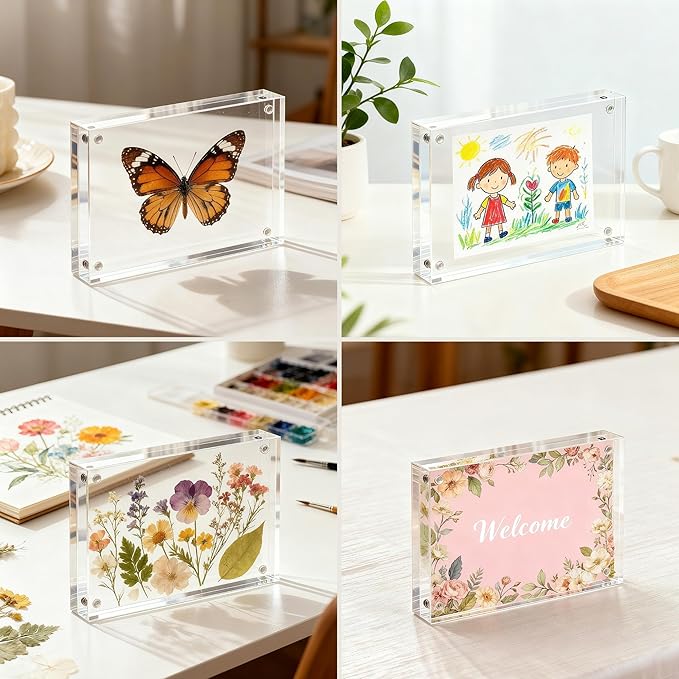 CATIFLIN 4x6 Magnetic Acrylic Frames 2 Pack, Double Sided Clear Frameless Picture Frame Blocks, 20mm Thick Photo Frames Free Standing Display for Family Photos, Certificates, Office, Artwork