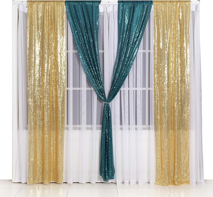 Poise3EHome 2ft x 8ft Teal Sequin Backdrop Curtains 2 Panels for Photography Party Decoration, Teal