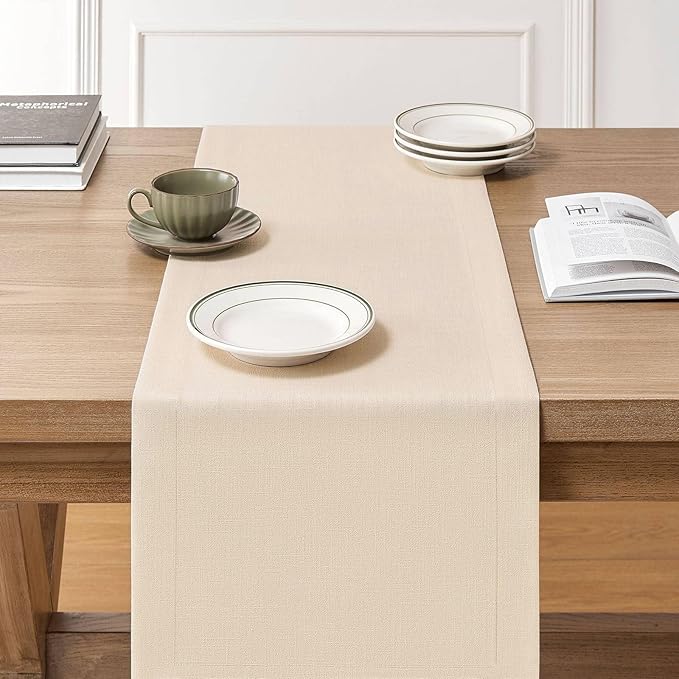 ZeeMart Linen Textured Border Table Runner, 14 x 108 Inch Cream, Farmhouse Style Cream Table Runners 108 Inches Long, Easy Care Everyday Polyester Table Runner