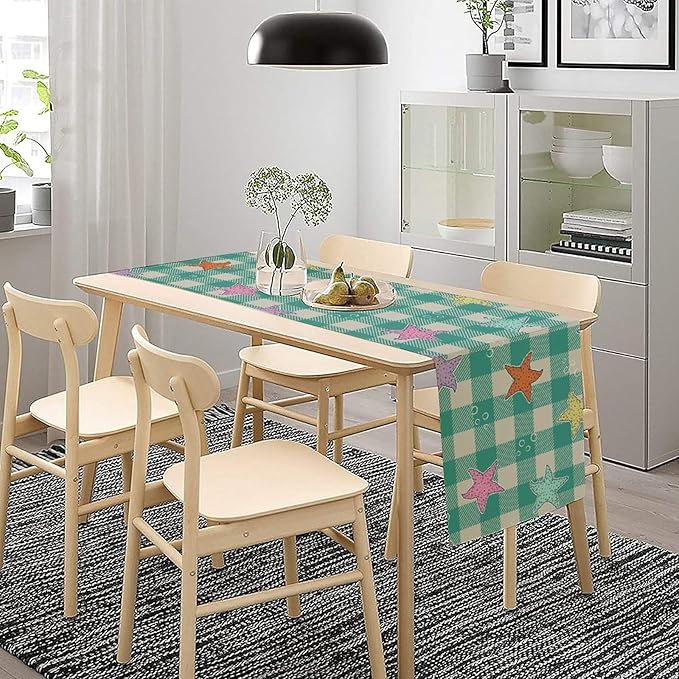 Starfish Plaid Table Flag Green Plaid and Marine Life Starfish Kitchen Table Flag Suitable for Birthday Party Restaurant Decoration Outdoor Picnic 13 * 108 Inch