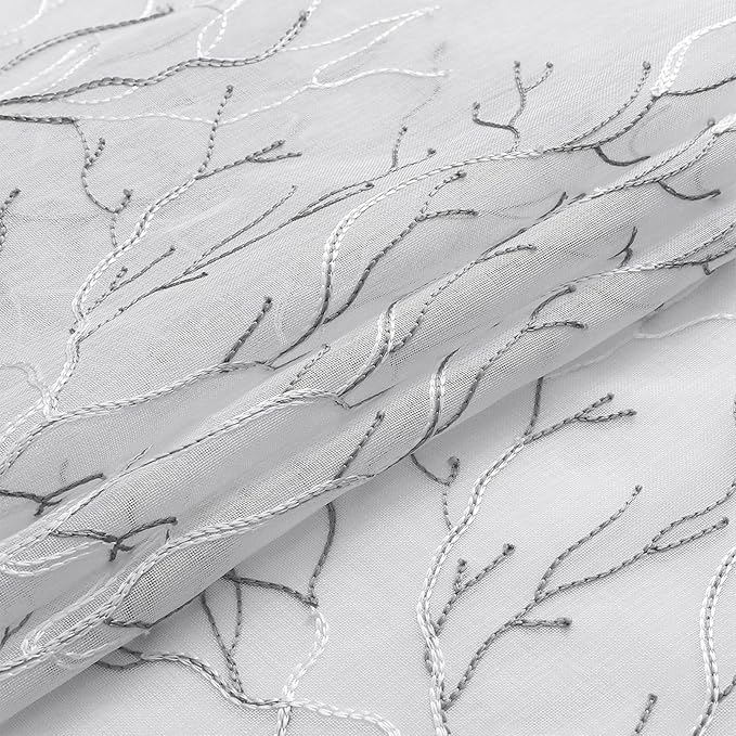 VISIONTEX Sheer Curtains 95 inch Length 2 Panels Set, Decorative Grey Coral Embroidery, Rod Pocket Embroidered Window Drapes for Living Room and Bedroom, 54" x 95"