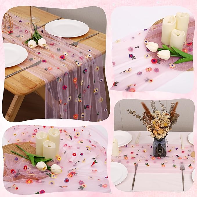 3PCS Pink Floral Table Runner 10 FT, Embroidery Daisy Table Runners Seasonal Sheer Tulle Table Runner for Thanksgiving Wedding Birthday Baby Shower Party