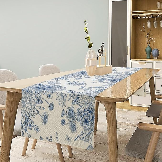 Chinoiserie Flower Table Runner, Seasonal Spring Fall Plants Blue Florals Dinner Runner for Home Kitchen Dining Table Party Holiday Decoration 13"x90"