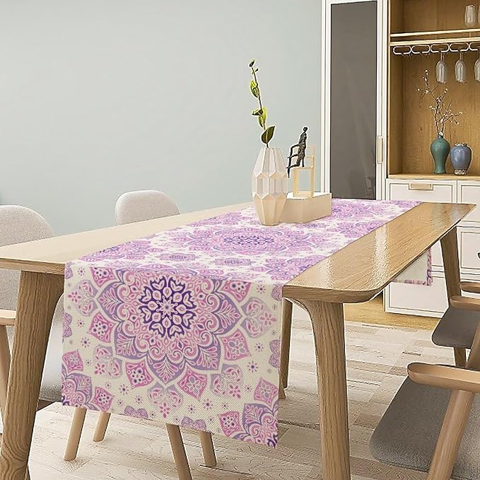 Purple Pink Mandala Table Runner, Traditional Indian Boho Mandala Flowers Print Table Runne for Kitchen Dining Table Office Wedding Party Holiday Home Decor, 13x70inch