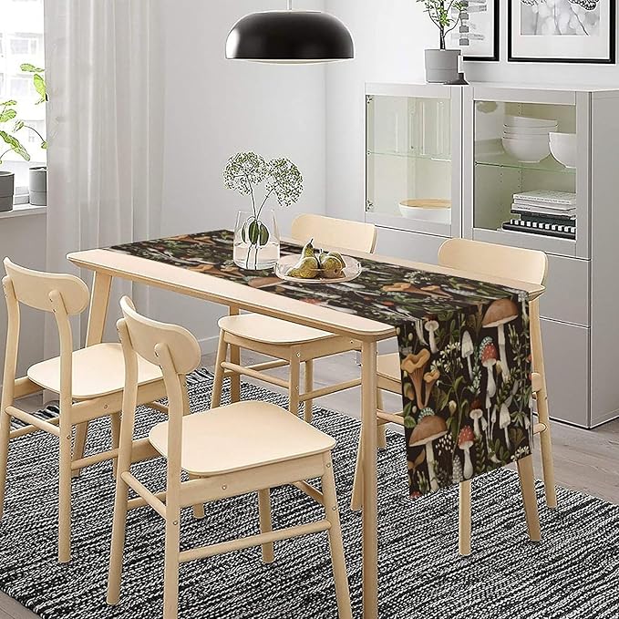 Mushroom Table Runner,Retro Forest Wildflower Botanical Plants Flower Art Pattern Print Burlap Hotel Indoors Outdoor Dining Room Kitchen Holiday Party, 13x70in