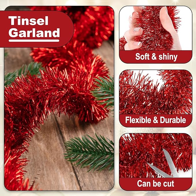 25 Feet Metallic Twist Tinsel Garland - Wall Hanging Backdrop for Parade Floats, Christmas Eve, New Year, Valentine's Day Parties (Red, 4in x 25ft)