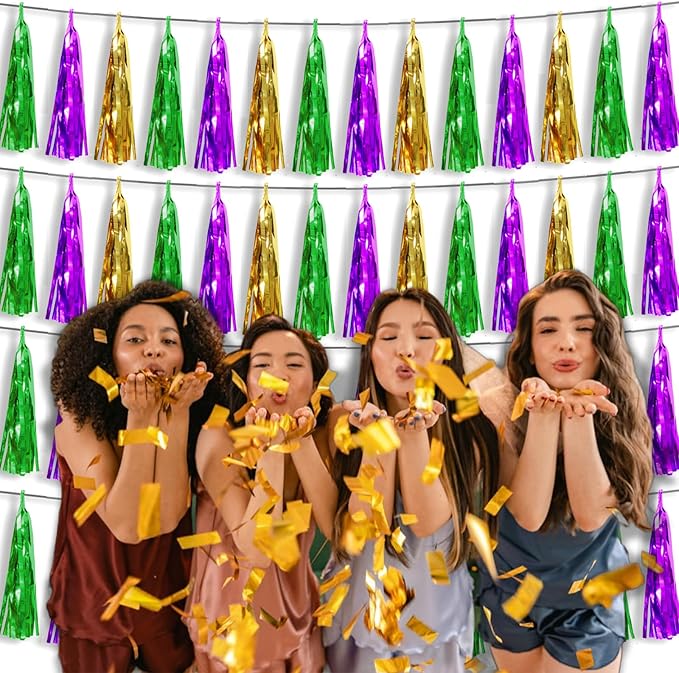 4P Gold Green Purple Foil Fringe Tassel Banner Garland Metallic Tinsel Streamers Wall Hanging Curtain Backdrop Banner for Parade Floats, Graduation 2024, Carnival Mardi Gras Party Decorations