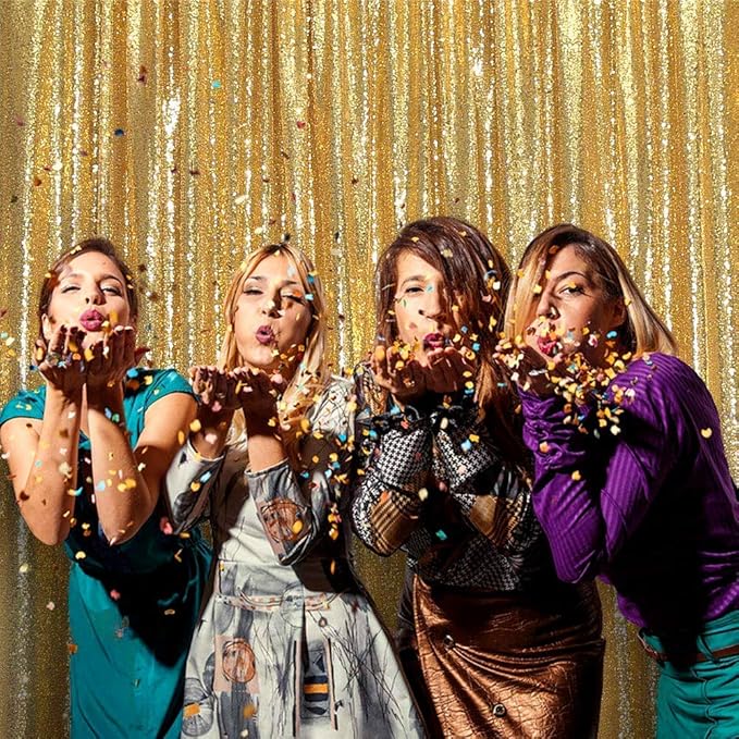 JYFLZQ Gold Sequin Backdrop Curtains 2ft x 8ft 2 Panel Glitter Photo Booth Backdrops Sparkly Photography Background Drapes for Parties Wedding Bridal Showers