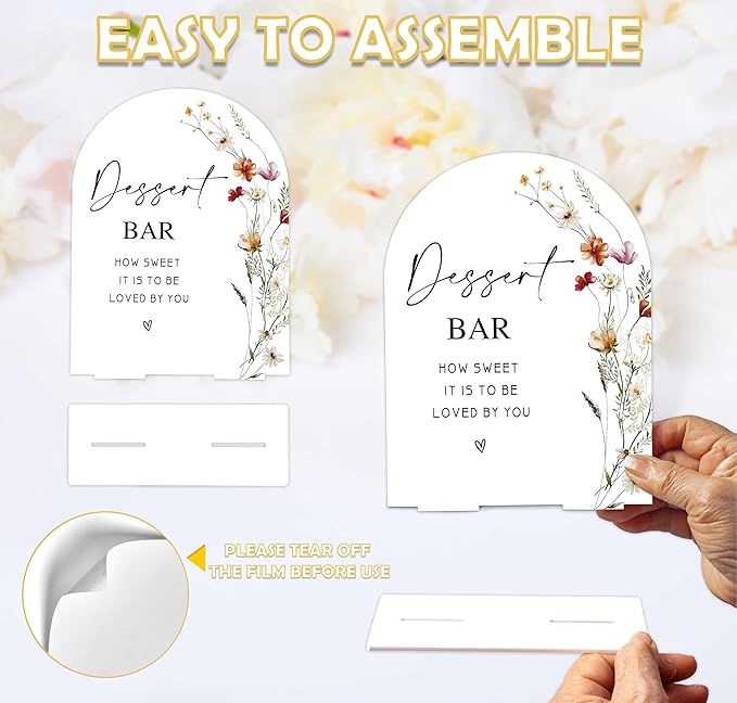 Boho Floral Dessert Bar Sign, 6 x 8 Inch White Arch Acrylic Wedding Sign with Holder, Wedding Sign for Ceremony and Reception, Wedding Decoration, Wedding Supplies - BX21