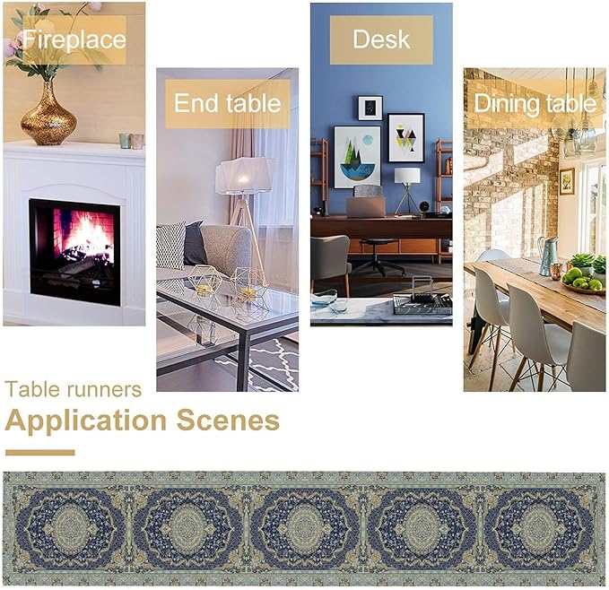Boho Bohemia Style Blue Teal Table Runner, Country Rustic Farmhouse Magical Abstract Print Pattern for Home Kitchen Table Decor Dining Coffee Room Garden Party Decor 13x120in