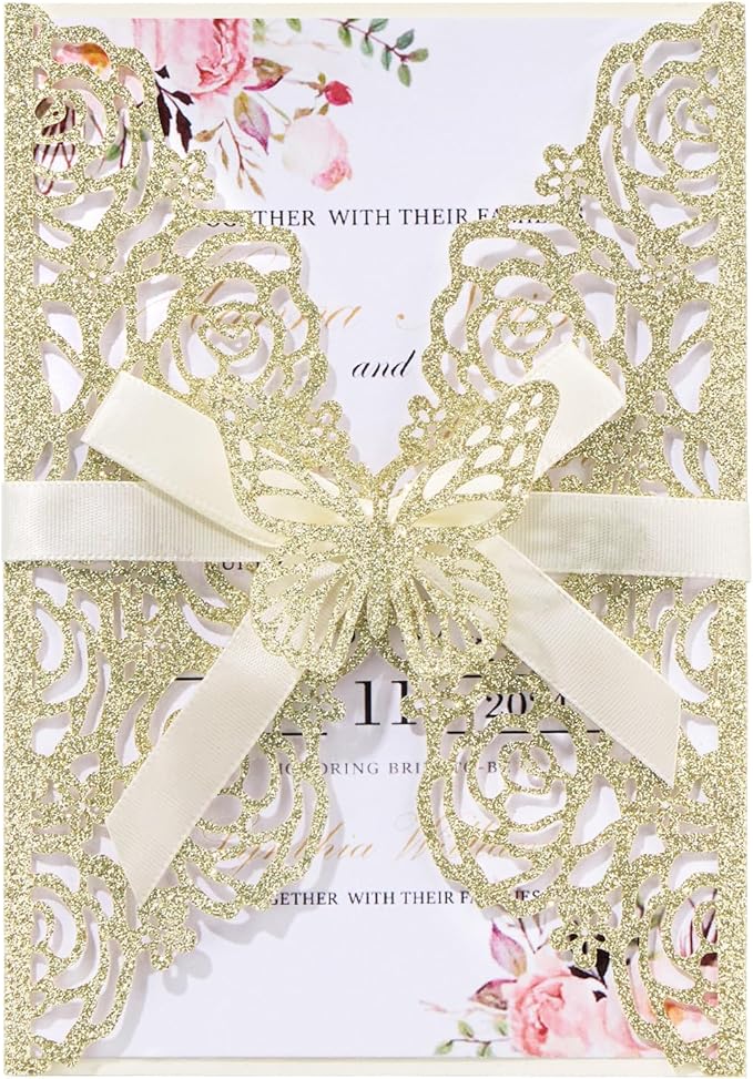 50PCS Gold Glitter Laser Cut Wedding Invitation with Butterfly Ribbons Hollow Rose Shape Wedding Invitations with Envelopes and Rsvp Cards for Wedding Bridal Shower QuinceañEra Engagement