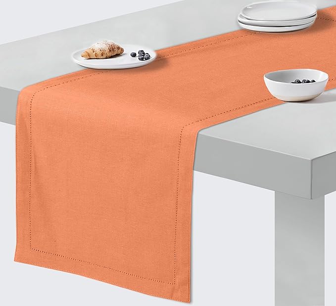 Ruvanti Linen Table Runner 60 Inches, Classic Hemstitch, Washable, Reusable, Non-Slipping, Stain Resistant- Perfect for Parties, Weddings, Dinners, Thanksgiving, Christmas, Indoor use – Orange