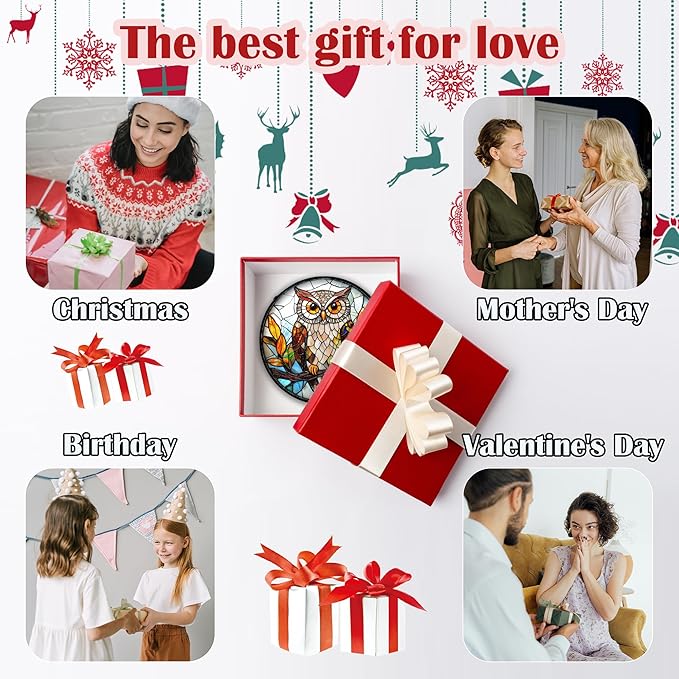 Stained Glass Window Hanging, Owl Colorful Leaves Birds Sun Catchers Diamond Glass Panel Hangings Suncatcher Decor for Birthday for Women, Men, Wife, Aunt, and Mom 9.8 in