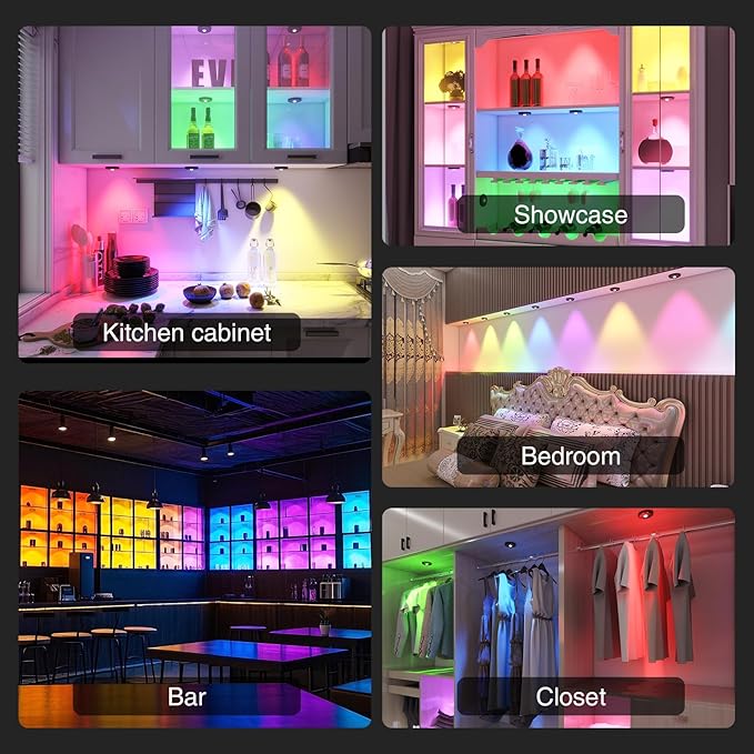 RGB Puck Lights with Remote Control, 2000mAh Rechargeable Stick on Led Lights, 9 Colors & 2 Dynamic, Tap Light with Timing,Under Cabinet Lighting for Closet,Kitchen,Cabinet,Shelf(Black, 5 Pack)