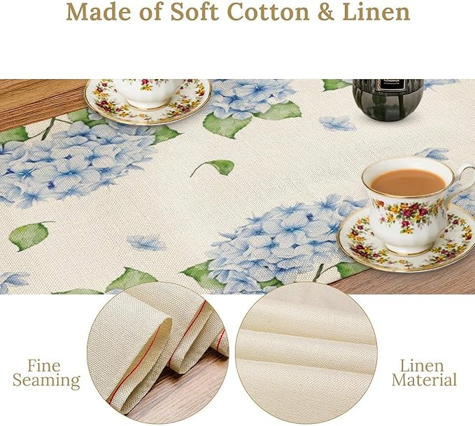 Watercolor Hydrangea Flower Table Runner, Spring Summer Seasonal Plants Butterfly Blue Dinner Runner for Home Kitchen Dining Table Party Holiday Decoration 13"x60"