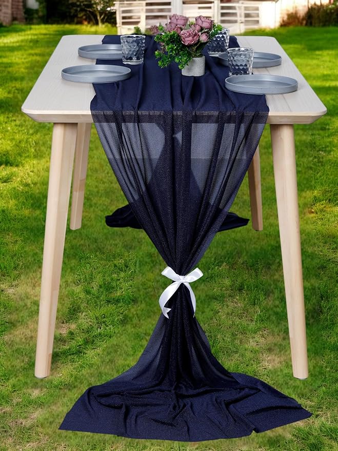 MDS 5 Pack 10ft Chiffon Table Runner 29 x 120 Inches Sheer Wedding Runner Romantic Rustic Table Runner for Wedding Decorations, Birthday Parties, Bridal Shower Party Arch Decor - Navy Blue