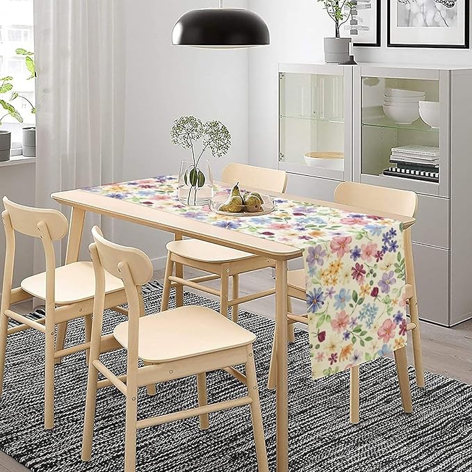 Floral Decorative Table Runner, Watercolor Floral Botanical Rustic Modern Style Pattern Printed Long Table Runner for Restaurant Kitchen Party,13in（33cm） W * 36in（92cm） L