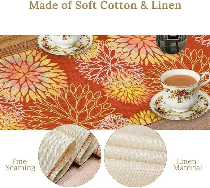 Yellow Floral Table Runner, Chrysanthemum Autumn Spring Summer Vintage Modern Linen Geometric Table Runner for Kitchen Living Room Bedroom Party Holiday, 13x60 Inch