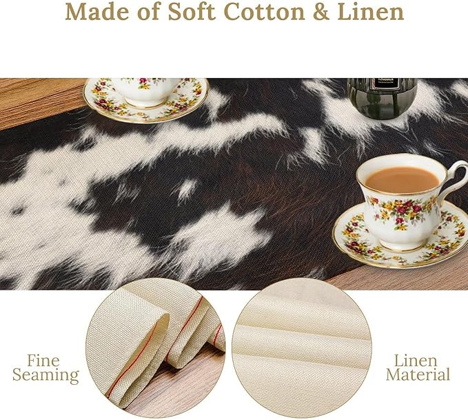 Cow Print Table Runner, Brown Cowhide Print Western Style Table Runner Country Farmhouse Cottage Cow Patten Table Decoration for Home Kitchen Dining, 13x90 Inch