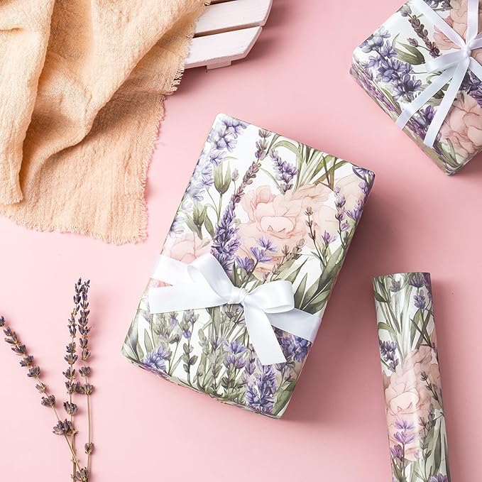 WRAPAHOLIC Floral Wrapping Paper Roll - Mini Roll - 17 Inch x 33 Feet - Lavender Flower Wrapping Paper, Perfect for Girls Women Birthday, Wedding, Bridal Shower