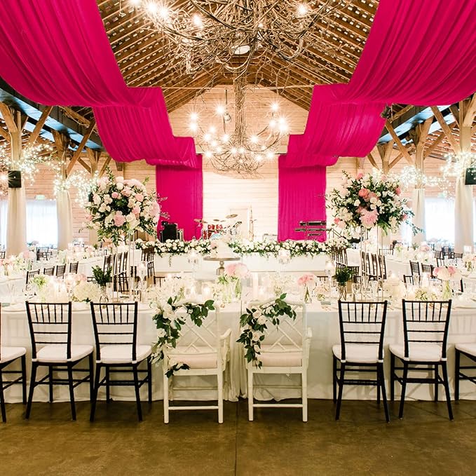MODFUNS Hot Pink Ceiling Drapes for Weddings 5x30ft 2 Panels Sheer Chiffon Ceiling Draping Fabric Fuchsia Sheer Draping Tulle Swag Curtain for Wedding Party Stage Prom Banquet Decoration