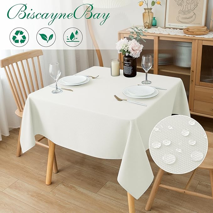 Biscaynebay Textured Fabric Square Tablecloths 90x90 Inches, Ivory Water Resistant Card Table Cloth Folding Table Cover for Dining, Kitchen, Wedding and Parties etc. Machine Washable