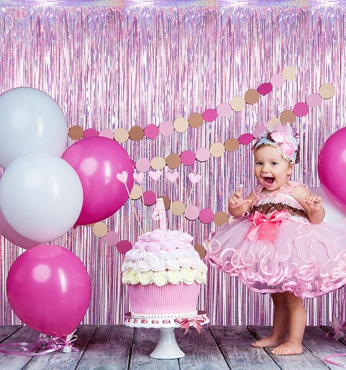 GOER 3.2 ft x 8.2 ft Metallic Tinsel Foil Fringe Curtains Party Photo Backdrop Party Streamers for Birthday,Graduation,New Year Eve Decorations Wedding Decor(5 Packs,Laser Pink)