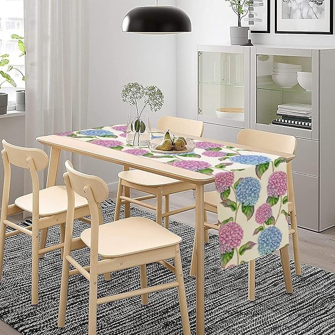 Spring Hydrangea Flower Table Runner, Seasonal Summer Plants Watercolor Pink Purple Florals Dinner Runner for Home Kitchen Dining Table Party Holiday Decoration 13"x90"