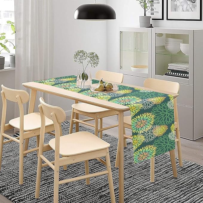 Green Dahlia Flower Table Runner, Linen Geometric Pattern Floral Table Decor Spring Farmhouse Decorations for Kitchen Dining Holiday Party Decor, 13x90 Inch