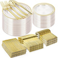 600PCS Clear Gold Plastic Plate Set (100 Guests), Plastic Plates for Party Wedding Birthday, Disposable Dinnerware Set of 200 Plates, 200 Forks, 100 Spoons, 100 Knives for Christmas
