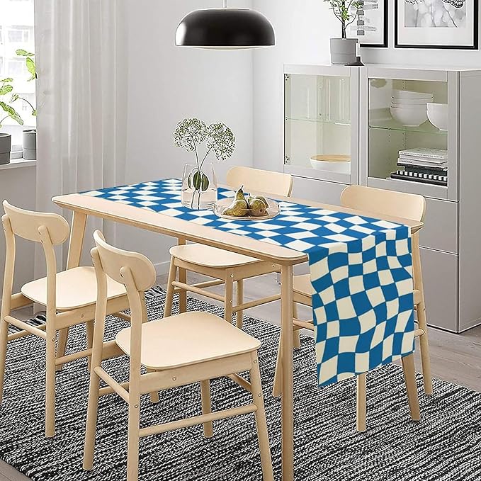 Table Flag Retro Plaid 60s70s Blue Plaid Table Flag Kitchen Restaurant Decoration Suitable for Indoor and Outdoor Festival Home Wedding Party Table Flag 13x36