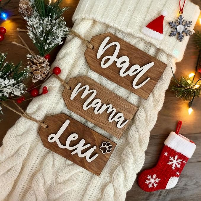 3Pcs Personalized Christmas Stocking Name Tags Custom Wooden Stocking Name Tag Customized Letters Tags Custom Xmas Stockings Hanging Tag Gifts for Christmas Stockings