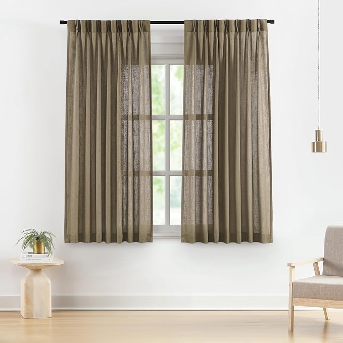 Vision Home Brown Pinch Pleated Semi Sheer Curtains Textured Linen Blended Light Filtering Window Curtains 72 inch for Living Room Bedroom Pinch Pleat Drapes with Hooks 2 Panels 40" Wx72 L