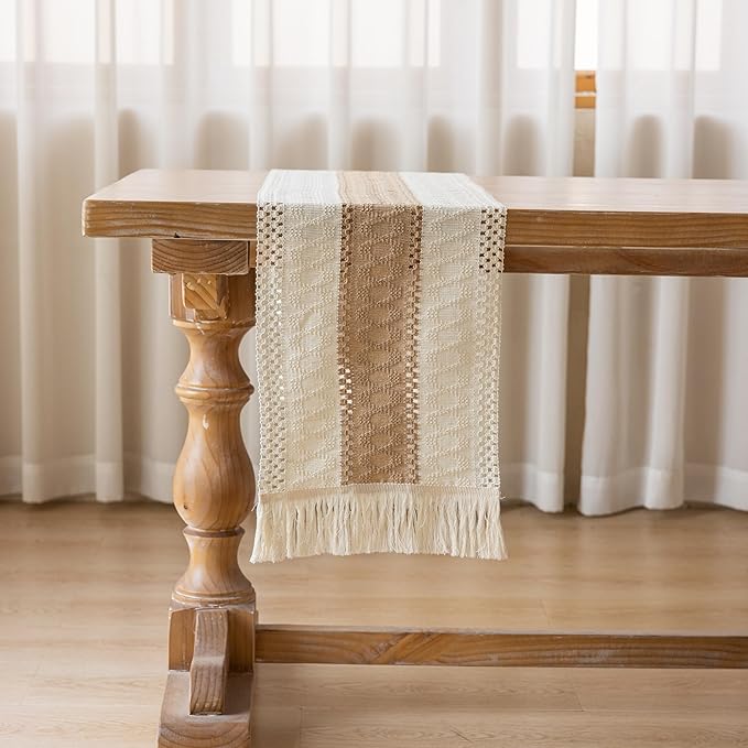 Boho Table Runner Cream Beige Brown for Home Decor 12x90 Inches Farmhouse Macrame Burlap Jute Rustic Dining Kitchen Centerpiece Bohemian Decor French Country Bridal Shower Decorations