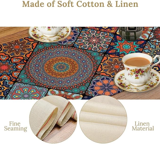 Bohemian Table Runner, Colorful Vintage Indian Mandala Floral Table Runners for Kitchen Dining Coffee Table Indoor Outdoor Party Decor, 13x70inch