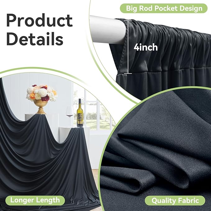 40ftx12ft Wrinkle Free Black Backdrop Curtain, 8 Panels 12FT Height Black Wedding Backdrop Drapes, Silky Polyester Back Drop Cloth for Birthday Photography Background Party Backdrop Draping