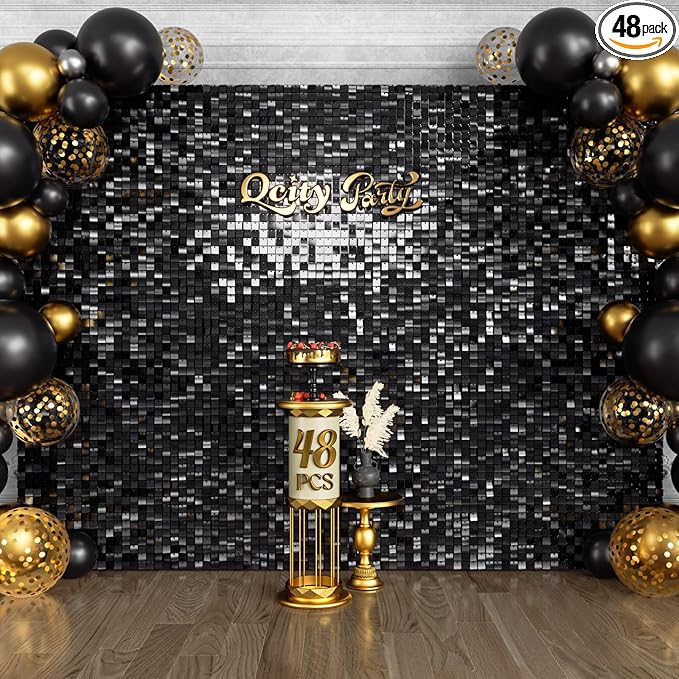 Qcity Black Shimmer Wall Backdrop 48PCS, Black Back Not See-Through Design, Square Sequin Glitter Backdrop Panel, Perfect for Outdoor Events, Birthdays, Wedding and Party Decoration