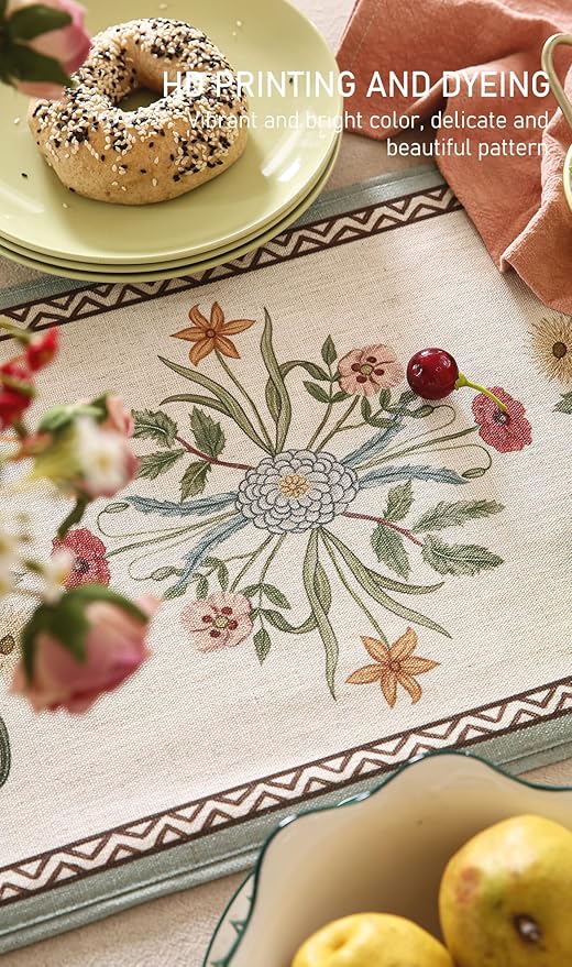 ISAENNE Designer French Country Linen Table Runner 87 Inches Long,Elegant Colorful Floral Pattern Table Runners for Dining Tables,Thanksgiving,Christmas,Kitchen Decor,12"*87"-Serenity F