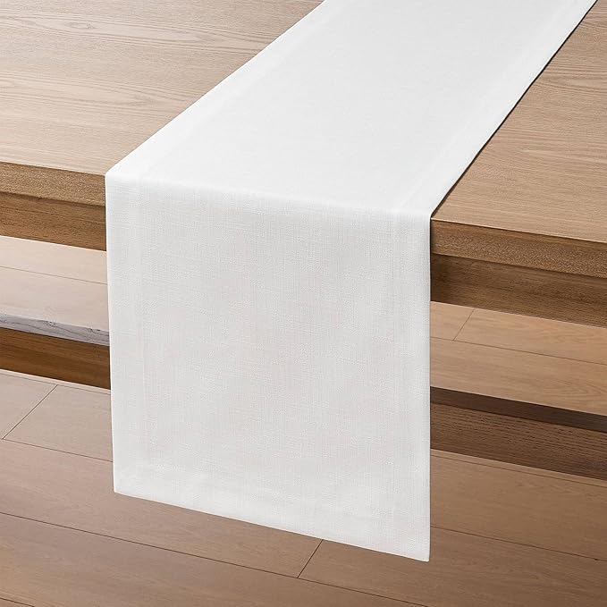 ZeeMart Linen Textured Border Table Runner, 14 x 108 Inch White, Farmhouse Style White Table Runners 108 Inches Long, Easy Care Everyday Polyester Table Runner