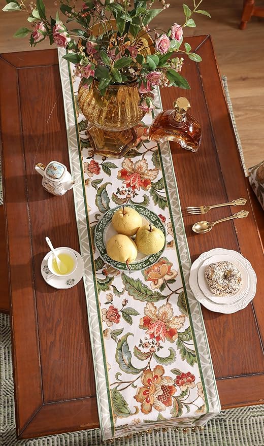 patdrea Designer Elegant French Floral Extra Long Velvet Table Runner,Green with Orange Blossoms Pattern Table Mat,Decoration for Kitchen Dining Coffee Table Cabinet Banquet Thanksgiving,12"*118"