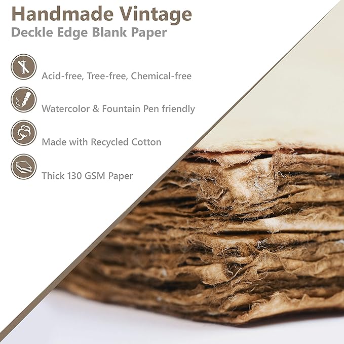 Wanderings Handmade Antique Deckle Edge Blank Cards - 4"x6" Package of 50 - Mixed Media Cards for Announcements Invitations Crafts - Thick Deckled Edge Paper 150 GSM Recycled Paper