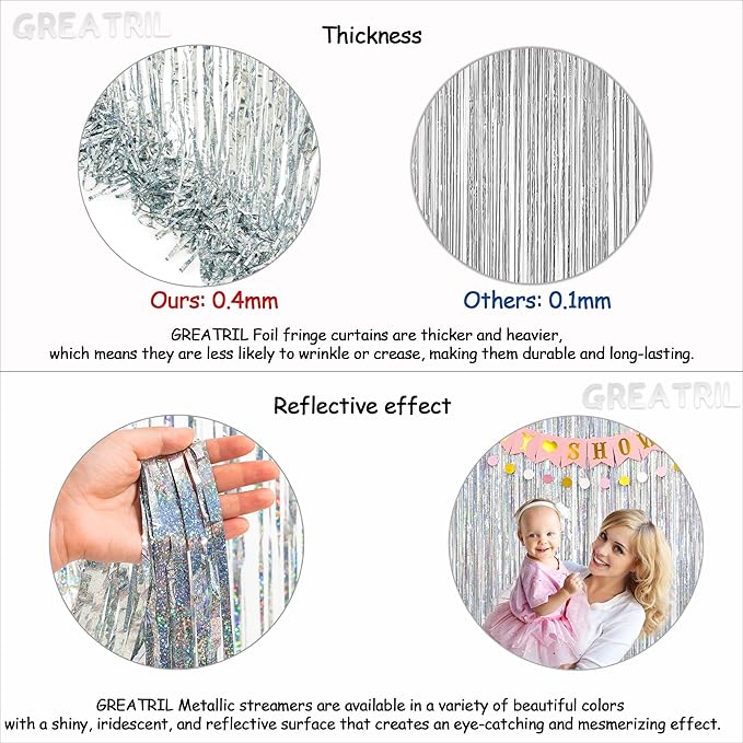 Silver Foil Fringe Tinsel Backdrop - GREATRIL Metallic Tinsel Streamers Curtains for 2026 NYE/Prom/Dancing Ball/Christmas/Bachelorette Party Decorations - Pack of 2
