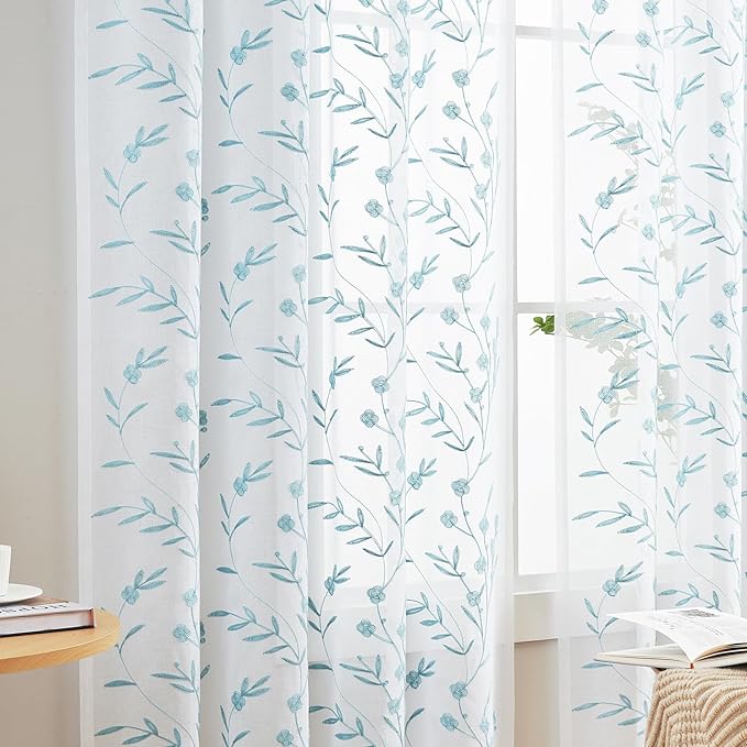 Sheer Curtains Floral Embroidery White-Blue 84 Inch Long Rod Pocket Lace Drapes for Living room, Bedroom, 2 Panels, 52"x84", Semi Voile Pattern Outdoor Window Treatment Sets for Yard, Patio, Parlor.