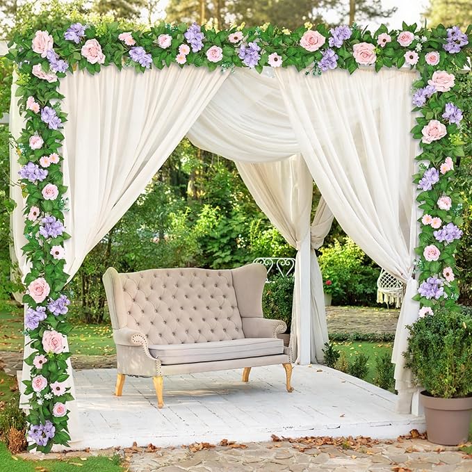 Dremisland 2PCS Artificial Rose Vine Fake Flower Garland 6FT Faux Silk Rose Hanging Vine Floral Garland Daisies Hydrangeas Ivy Vines for Wedding Party Wall Arch Garden Background Decor